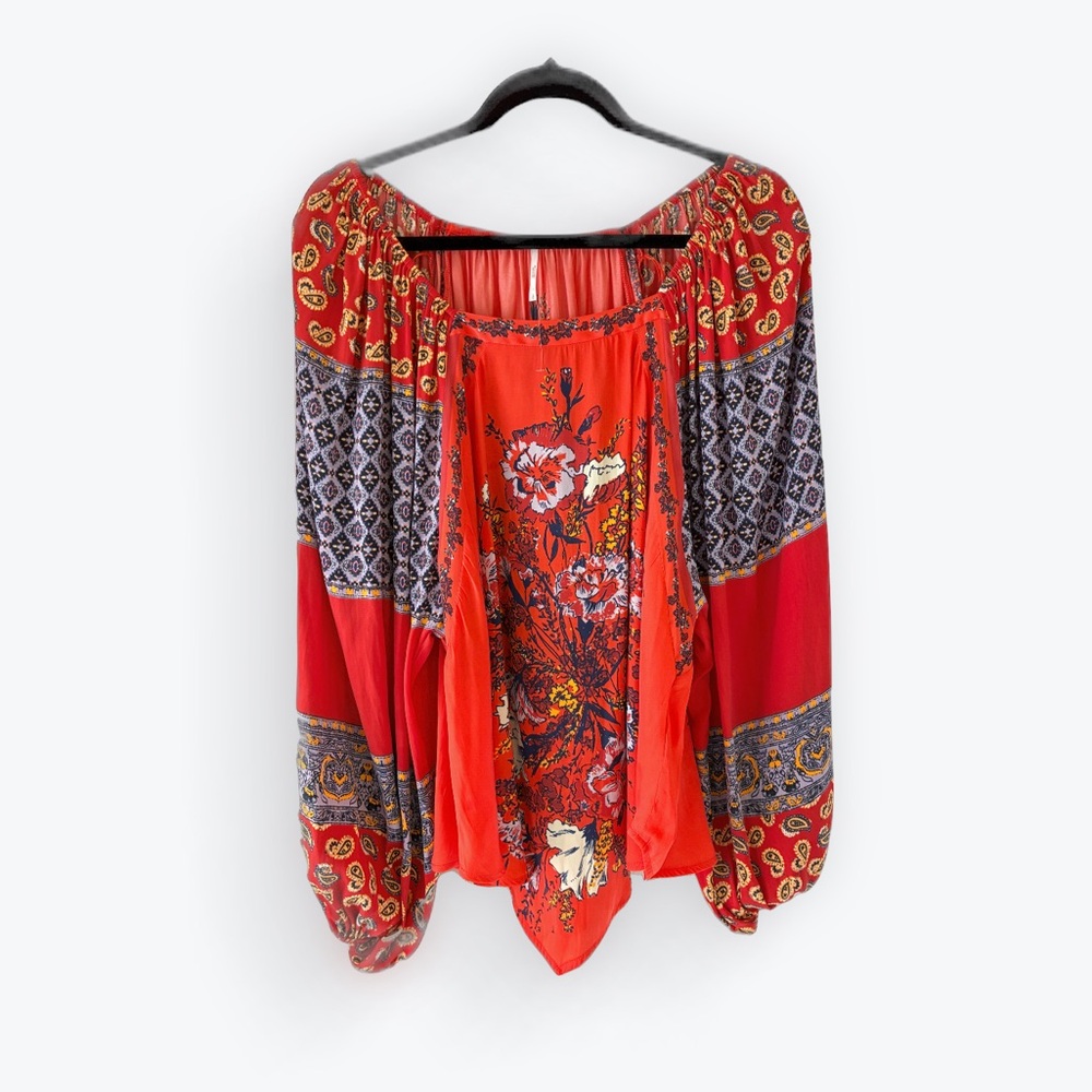 NWOT Free People Positano Floral Boho Blouse Orange Blue S - Picture 2 of 11